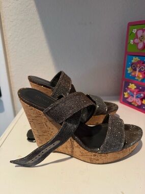 Stuart Weitzman Gold and Silver Glitter Cork Wedge Sandals